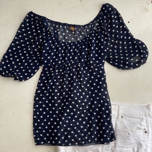 [ Copper Key Sheer Polka Dot Half Sleeve Blouse ]m - Picture 2 of 6